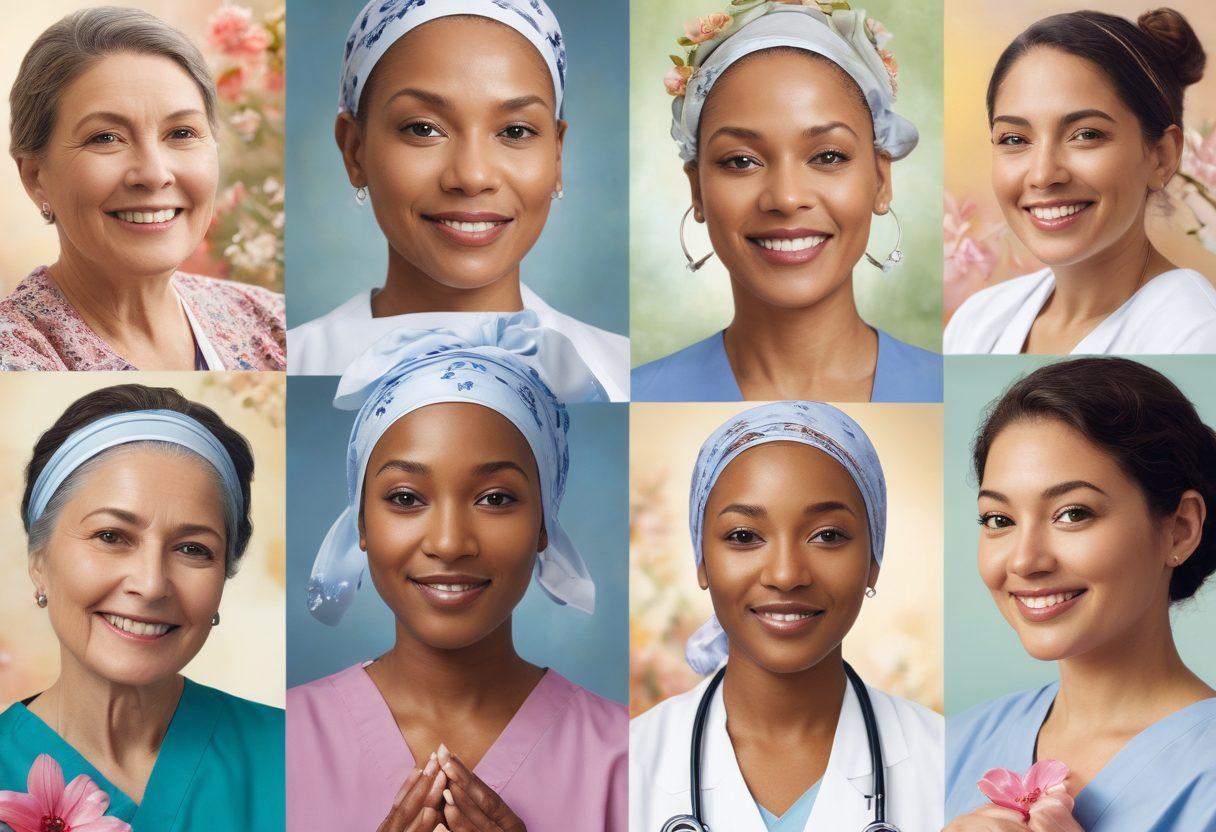 A collage illustrating diverse patient faces, each displaying resilience and hope, with a backdrop of a serene hospital environment and symbols of wellness like blooming flowers and supportive hands. Subtle elements representing tumor awareness, such as ribbons, weaving through the scene. Warm and uplifting lighting to enhance the sense of strength in their journeys. vibrant colors. super-realistic.
