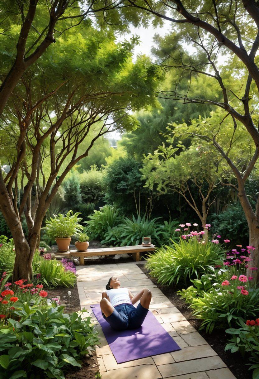 A serene landscape depicting a holistic healing environment with lush greenery, vibrant flowers, and gentle sunlight filtering through tree branches. Include a peaceful garden where individuals engage in yoga and meditation, representing a sense of community and support. In the background, incorporate subtle symbols of traditional and alternative medicine, such as herbs and acupuncture needles. capture a hopeful and uplifting atmosphere to convey strength and resilience. vibrant colors. super-realistic.