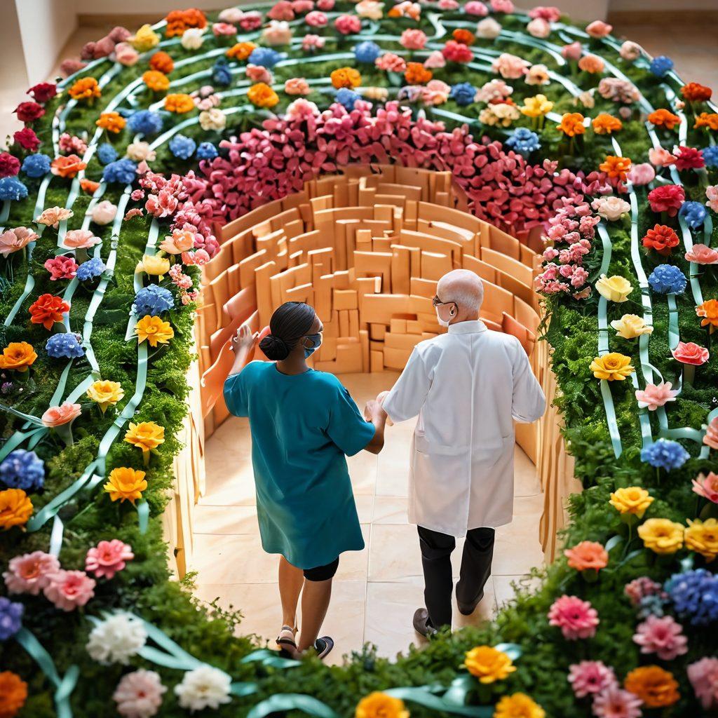 A compassionate healthcare professional guiding a cancer patient through a maze made of ribbons representing various cancer types. The scene conveys hope and empowerment, with supportive hands reaching out and vibrant flowers symbolizing growth and resilience. Soft light filters through the maze, illuminating the path ahead. super-realistic. vibrant colors. uplifting atmosphere.